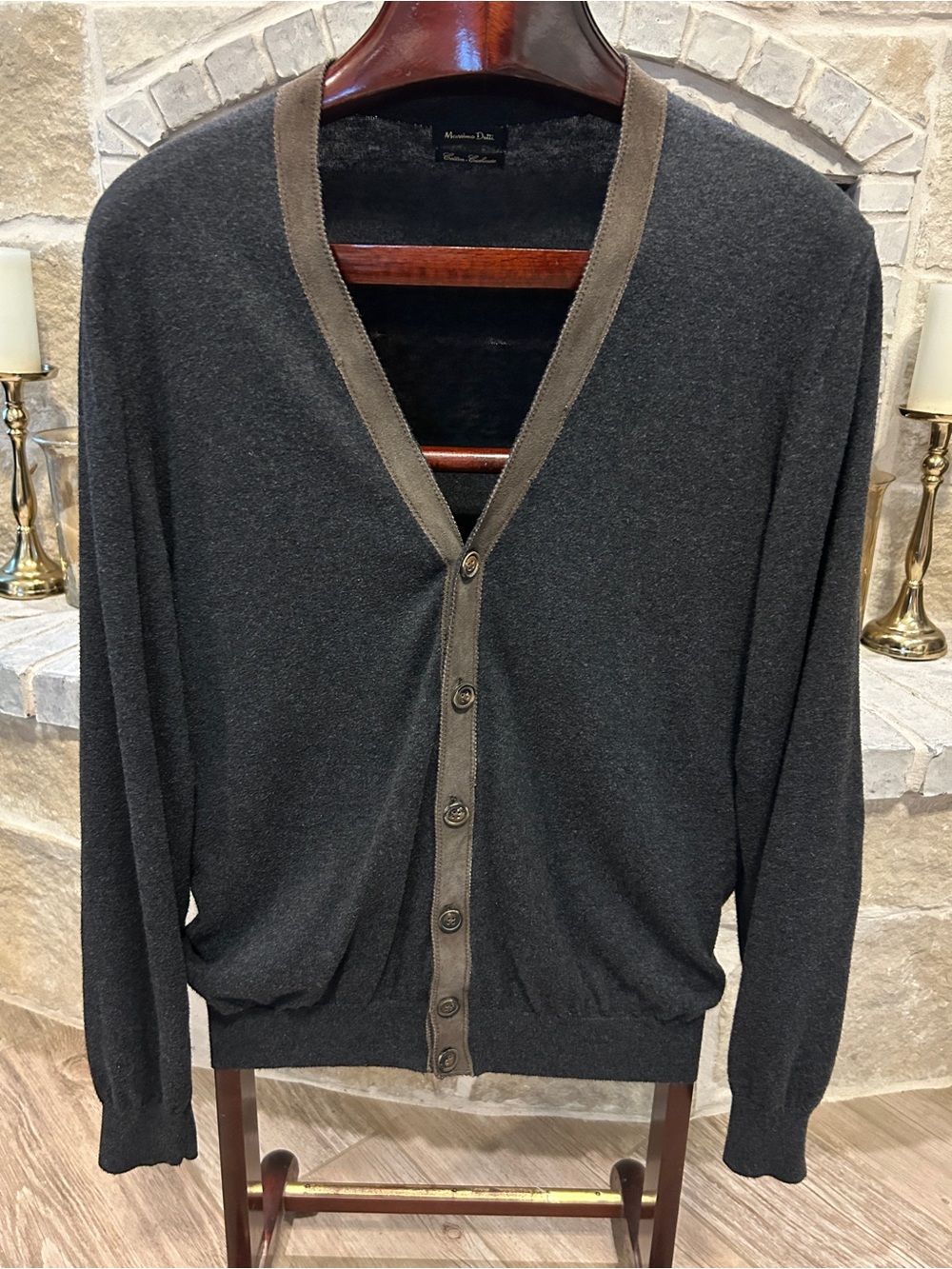 Massimo Dutti Men's Charcoal Cardigan with Brown Trim